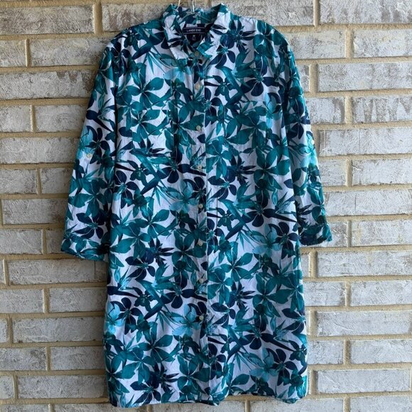 Lands' End Dresses & Skirts - Lands' End 3/4 Sleeve Button Up Collared Tropical Floral Shirt Dress Size M